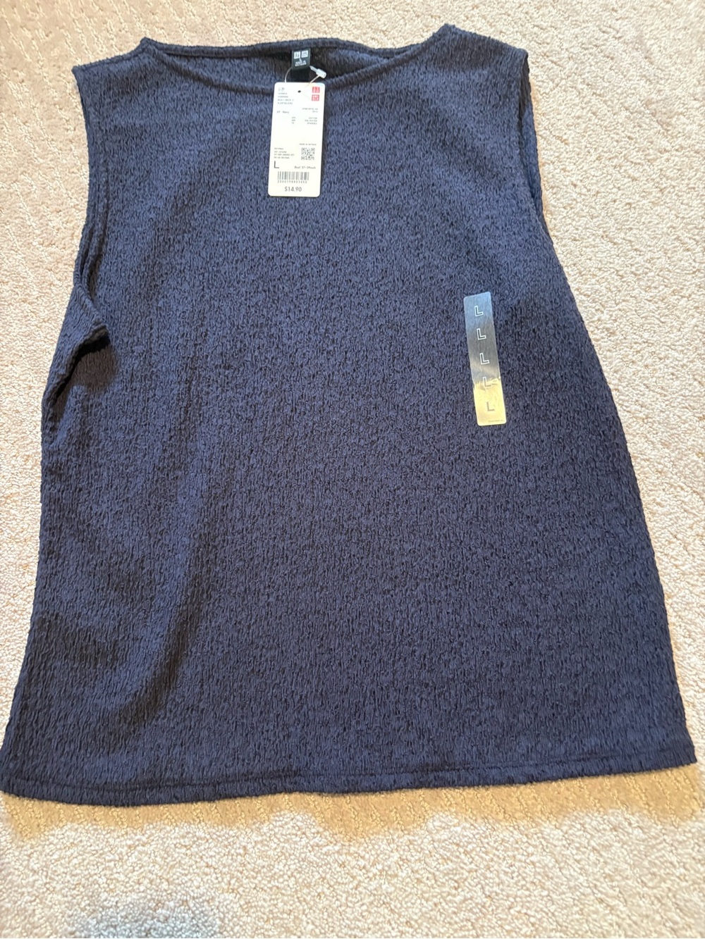 Uniqlo Navy Textured Sleeveless Boat Neck Top